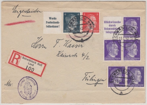 DR - AH-Zusammendrucke (Post-Werbung), Einschreibebrief Schwäbisch Hall 1942