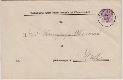 Württemberg - 5 Pfg. Dienst-GA-Umschlag/Oberamtsbezirk Ilshofen - Hall 1883