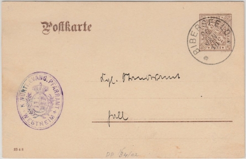 Württemberg - 3 Pfg. Dienst-GA-Karte/Oberamtsverkehr Bibersfeld - Hall 1910