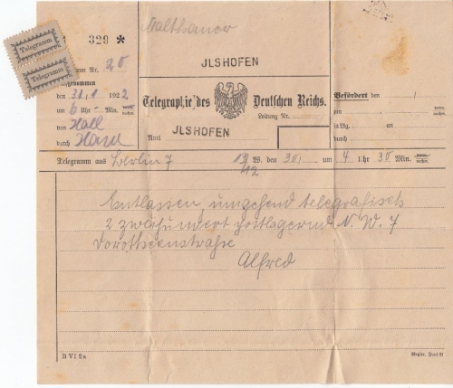 DR - Ilshofen L1 a. Telegramm v. Berlin 1922