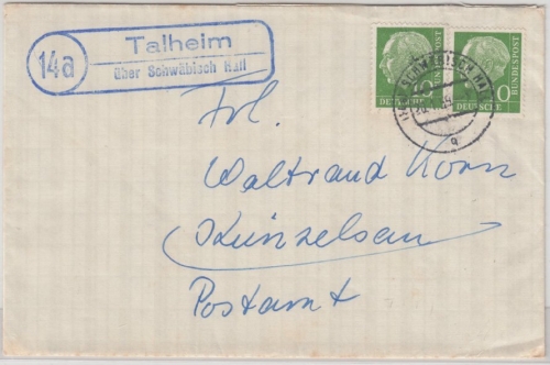 BRD - (14a) Talheim ü. Schwäbisch Hall, Landpost-Ra2 a. Brief n. Künzelsau 1959