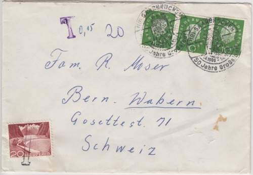 BRD - 3x10 Pfg. Heuss II, Brief/Nachporto i.d. SCHWEIZ, Saarbrücken - Bern 1960