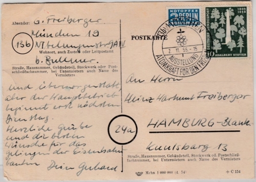BRD - München - Atomkraft f.d. Frieden, SST a. Karte n. hamburg 1955