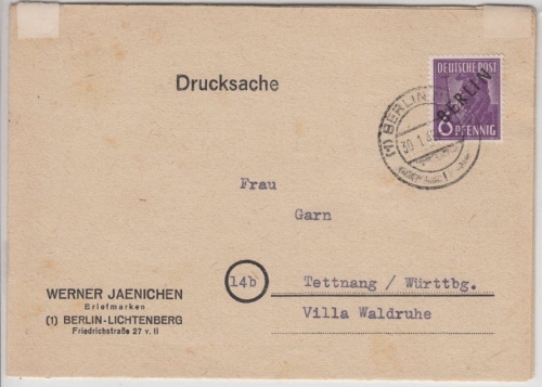 Berlin - 6 Pfg. Schwarzaufdruck, Faltdrucksache Berlin - Tettnang 1949