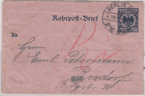 DR - 30 Pfg. Krone/Adler, GA-Rohrpostumschlag Berlin SO P16 - Risxdorf 1899