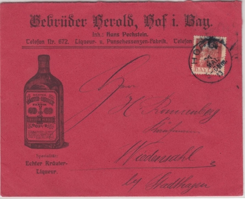 Bayern - Hof 1913, dek. Kräuter-Liquer Werbekuvert n. Wiedensahl