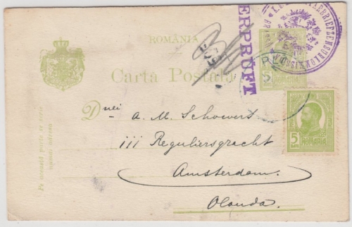 Rumänien - 5 B. GA-Karte + Zusatz n. HOLLAND, Ploesti - Amsterdam 1916