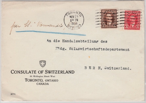 Kanada - 2+3 C. King George VI., Konsulatsbrief i.d. SCHWEIZ, Tortonto 1938 n.
