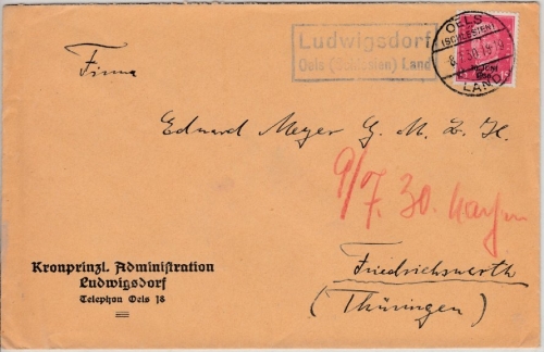 DR - Ludwigsdorf Oels (Schlesien) Land, Landpost-Ra2 a. Brief n. Friedrichswerth