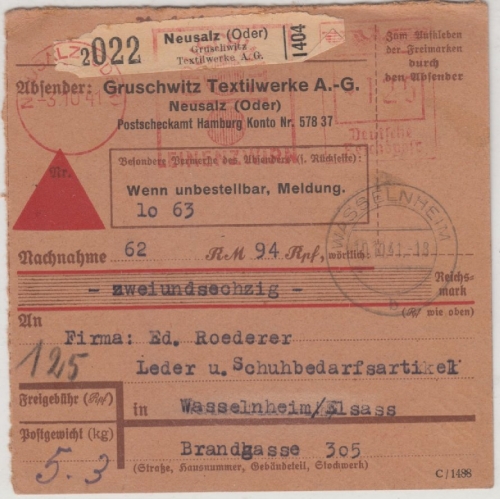 DR - 125 Pfg. AFS "Gruschwitz Textilwerke", Nachnahme-Paketkarte Neusalz 1941 n.