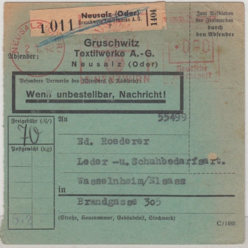DR - 70 Pfg. AFS "Gruschwitz Textilwerke", Paketkarte Neusalz - Wasselnheim 1942
