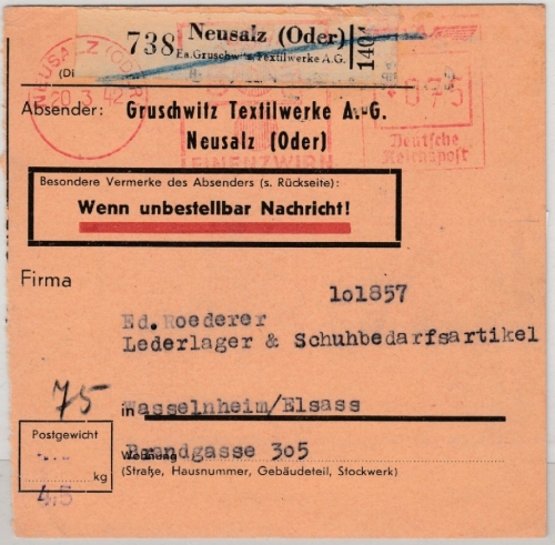 DR - 75 Pfg. AFS "Gruschwitz Textilwerke", Paketkarte Neusalz - Wasselnheim 1942