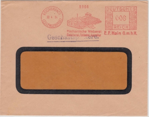 DR - 8 Pfg. AFS "Weberei Hain", Geschäftspapiere Reichenbach (Eulengebirge) 1934