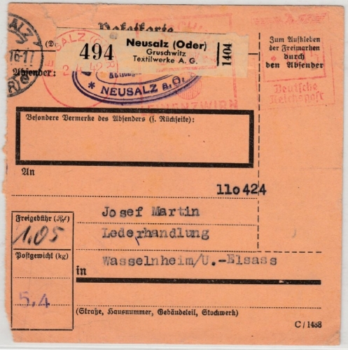 DR - 105 Pfg. AFS "Gruschwitz Textilwerke", Paketkarte Neusalz -Wasselnheim 1942