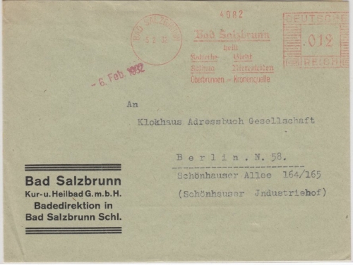 DR - 12 Pfg. AFS "Oberbrunnen - Kronenquelle", Brief Bad Salzbrunn - Berlin 1932