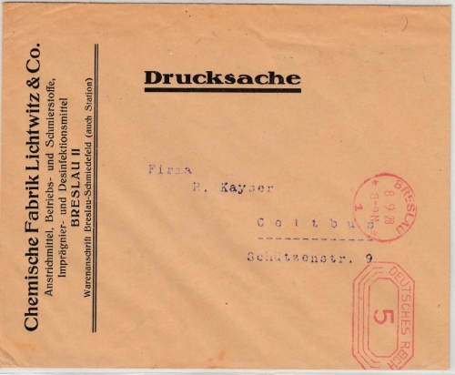 DR - 3 Pfg. Gebühren-FS, Drucksache Breslau - Cottbus 1928, ohne Inhalt