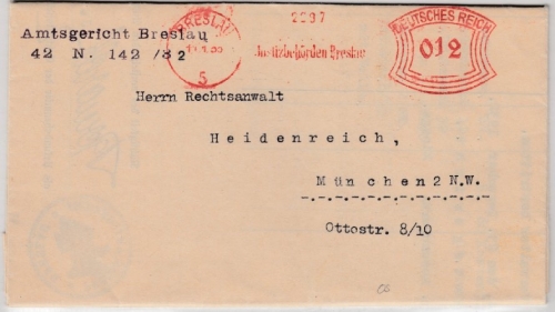 DR - 12 Pfg. AFS "Justizbehörde", Brief Breslau 5 - München 1933, mit Inhalt