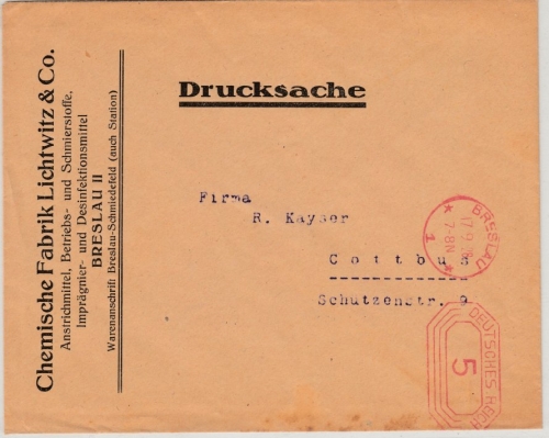 DR - 5 Pfg. Gebühren-FS, Drucksache Breslau - Cottbus 1928, ohne Inhalt