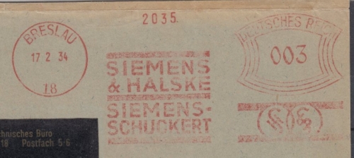 DR - 3 Pfg. AFS "Siemens & Halske", Breslau 18 - 1934, großes Briefstück