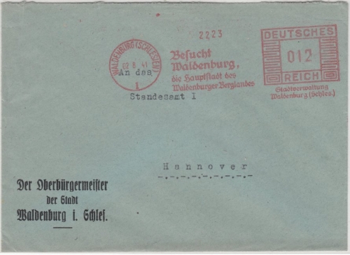 DR - 12 Pfg. AFS "Stadtverwaltung", Brief Waldenburg - Hannover 1941