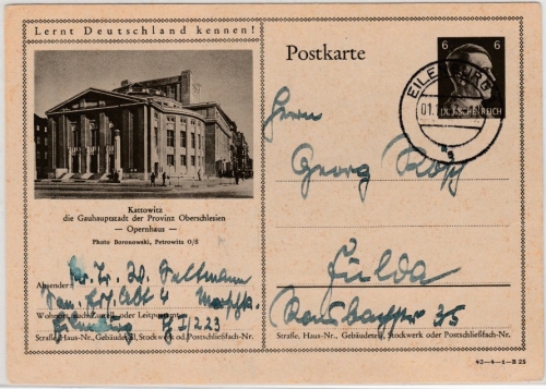 DR - 6 Pfg. AH Bild-GA-Karte (Kattowitz Opernhaus), Eilenburg - Fulda 1943