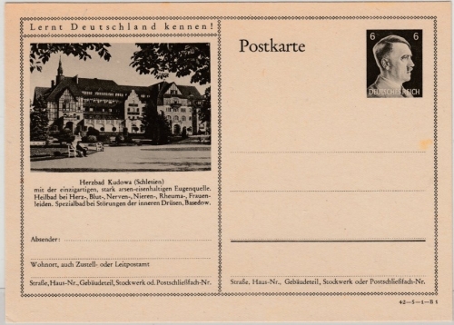 DR - 6 Pfg. AH Bild-GA-Karte (Herzbad Kudowa), ungebraucht