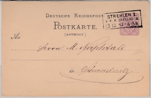 DR - Strehlen 1 RB Breslau, Ra3 a. 5 Pfg. GA-Karte/A-Teil n. Schweidnitz 1882