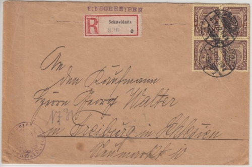 DR-Infla - 5 M. Ziffer/Dienst, 4er-Block a. Einschreibebrief Schweidnitz 1922 n.