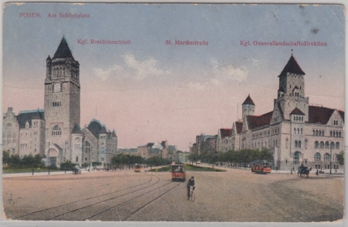 Schlesien - Posen Schlossplatz, Farb-AK ca. 1910, gelaufen 1920