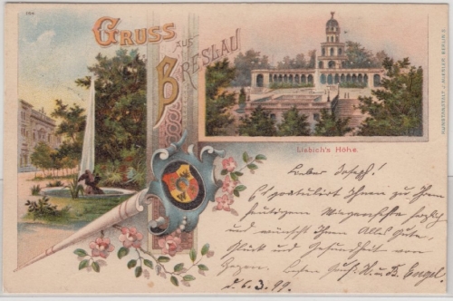 Schlesien - Breslau, Liebischs Höhe, Mehrbild-Farblitho gelaufen 1899