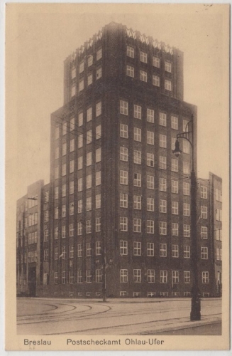 Schlesien - Breslau Postscheckamt Ohlau-Ufer, sw-Ansicht gelaufen 1929