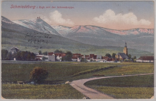 Schlesien - Schmiedeberg Gesamtansicht, Farb-AK, gelaufen 1916