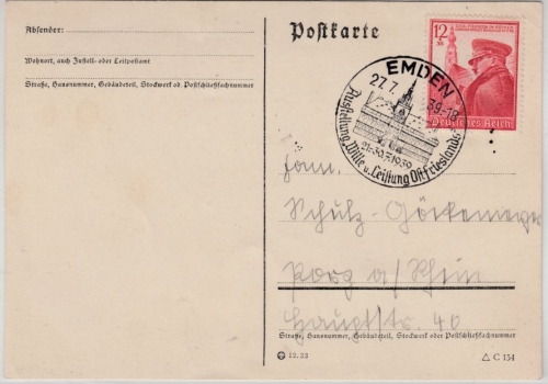 DR - Emden Ausstellung "Wille u. Leistung Ostfrieslands", SST a. Karte 1939 n.