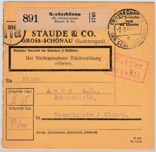 DR - Großschönau (Kr. Schluckenau), Paketkarte/Selbstbucher 1944 n. Wasselnheim
