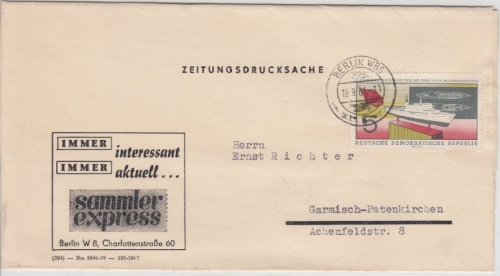 DDR - 5 Pfg. FDGB/MS Heckert, Zeitungsdrucksache Berlin - Garmisch 1961