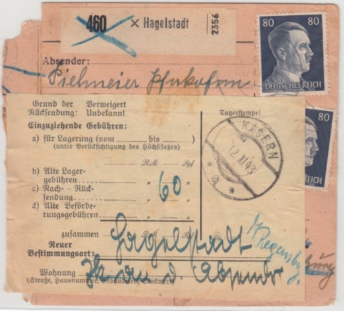 DR - 2x80+15 Pfg. AH, Paketkarte Hagelstadt - Hallwang/Tirol 1943, Retourzettel