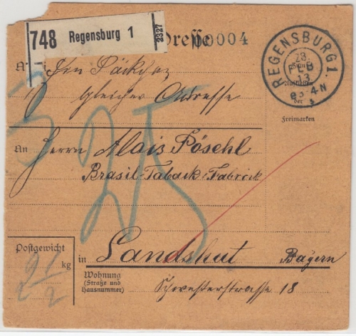 Bayern - Regensburg 1, Paketkarte (unfrei) n. Landshut, 25 Pfg. Nachporto 1913