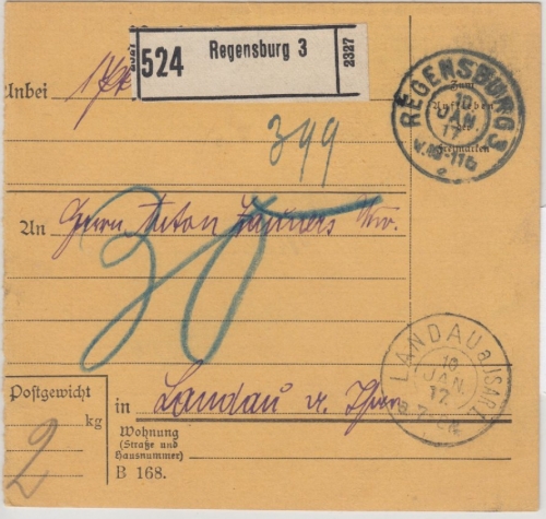 Bayern - Regensburg 3, Paketkarte (unfrei) n. Landau, 30 Pfg. Nachporto 1917