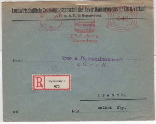 DR - 42 Pfg. AFS (Landwirtschaft) Einschreibebrief Regensburg 2 - Kreuth 1943
