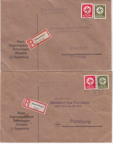 DR - 30+12 Pfg. Dienst/Hkr., 2 Einschreibebriefe 5.9.44/11.4.45, Regensburg 7 n.