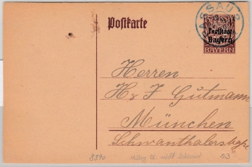 Bayern - Passau 2, K2 in BLAUGRÜN (!!), 15 Pfg. Hupp/Friestaat GA-Karte 1920 n.