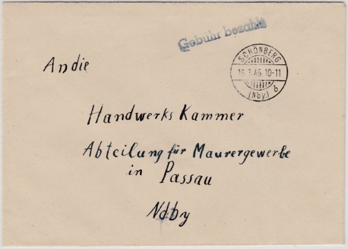 All.Bes. - Schönberg 16.3.46, alter Gitterstpl. a. Gebühr bezahlt Brief n.