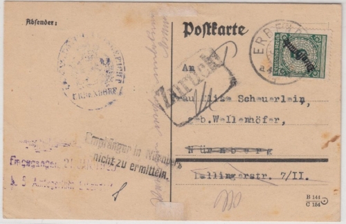 DR - 5 Pfg. Korbdeckel/Dienst, Karte/Irrläufer Erbendorf - Nürnberg 1925, retour