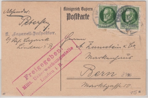 Bayern - Lindau 1915, gr. roter Zensur-Ra3 a. Karte i.d. SCHWEIZ (Bern)