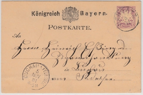 Bayern - Hergatz 5/11 (1881), K1 (Sonderform) a. 5 Pfg. GA-Karte n. Buchau