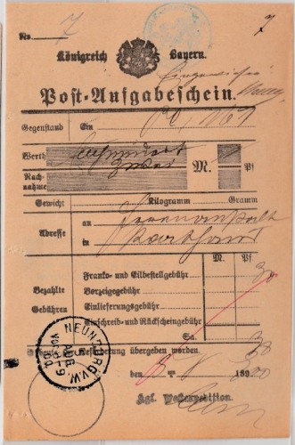 Bayern - Neunburg v.V. 1900, K1 a. Aufagbeschein f. Wertsendung