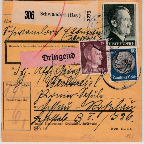 DR - 1 RM AH u.a., Dringend-Paketkarte Schwandorf - Dessau (Pionierschule) 1943