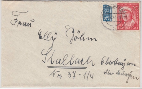 BRD - 20 Pfg. Wofa, Brief Schwandorf - Staltach 1951, ohne Inhalt