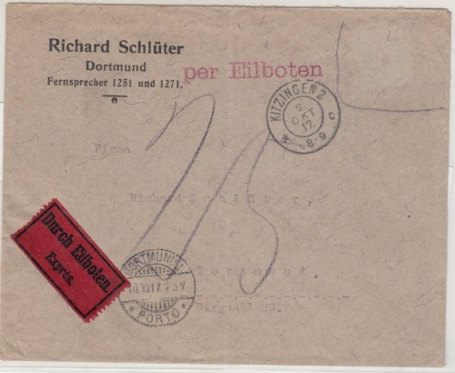 Bayern - Kitzingen 2, 1917 - Eilbrief/Nachporto n. Dortmund - ohne Inhalt