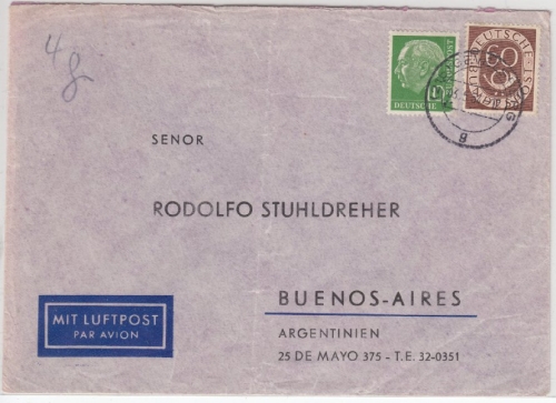 BRD - 60+10 Pfg. Posthorn/Heuss, Lupo-Brief n. ARGENTINIEN, Gevelsberg 3.5.54 !